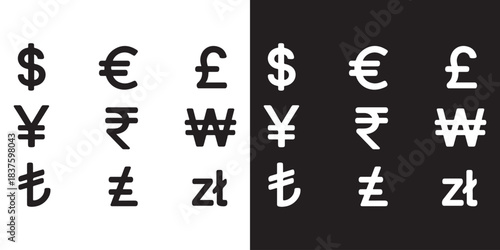 Currency symbols icons set. Vector illustration of coins with international currency symbols. Dollar, Euro, Pound, Rupee, Franc, Ruble, Yen, Won, Lira, Riyal, New shekel, Baht, Colon, Peso
