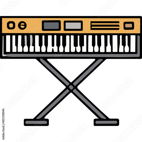 Orange Digital Keyboard With Black And White Keys On A Metal Stand Isolated On Black Background Hand Drawn Style