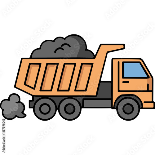 Orange Dump Truck Loaded With Dark Gray Material Emitting Dark Gray Smoke On A Black Background In A Side Profile Vector Illustration