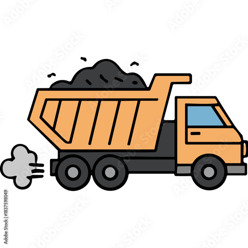 Orange dump truck carrying a load of dark material on a black background with white exhaust fumes emanating from the rear