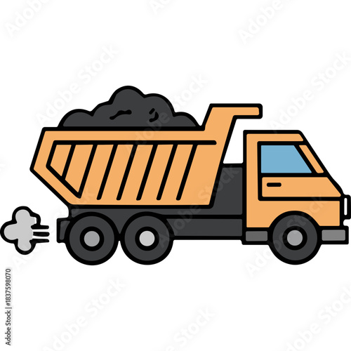 Orange dump truck loaded with dark materials driving on a black background with dust clouds emanating from the rear wheels with orange and gray body and blue tinted windows and dual rear wheels