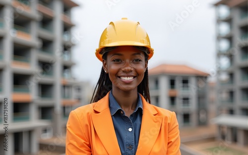 Black woman, engineer and portrait at construction site, happy and pride for career in city. Person, architect and smile with helmet for safety, property and real estate with development in Kenya