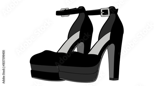 Black Platform Stiletto Heels With Ankle Straps And Buckle Detail On A Black Background