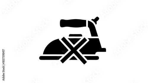 Black silhouette of a dry iron symbol with a red cross overlay indicating do not iron on a white background vector illustration