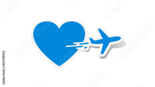 Blue Airplane Flying Out Of A White Heart Shape Symbol With Motion Blur Effect Against A Black Background