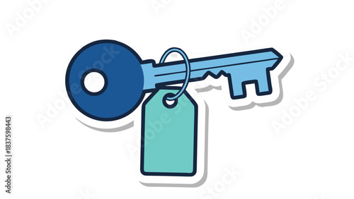 Blue and teal key with blank tag attached on a black background with white outline and shadow effect a simple icon representing access or ownership