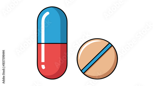 Blue and Red Capsule Next to a Round Peach Colored Pill with a Blue Line on a Black Background Detailed Vector Illustration of Medical Supplies
