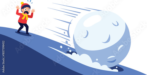 Child terrified as giant snowball rolls downhill fast presenting winter danger concept creative flat design vector composition