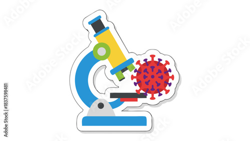 Blue and Yellow Microscope Examining a Red Coronavirus Particle on a White Background Representing Scientific Research and Disease Study