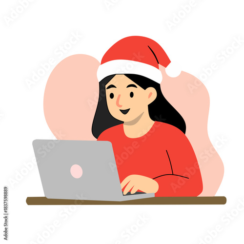 Woman Working on Laptop with Santa Hat – Christmas Illustration