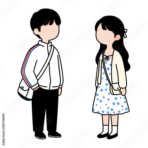 A chibi art illustration of a young couple gazing into each other's eyes as they accidentally cross paths. This painting was inspired by a scene from a popular Korean drama.