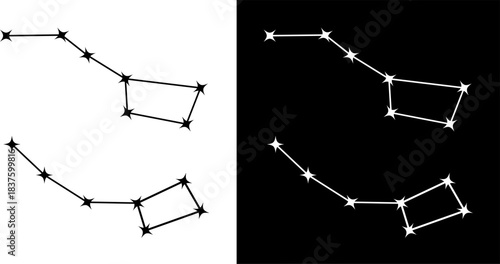 Big and Little Dipper constellation set in light and dark styles, featuring Ursa Major and Ursa Minor. Minimalist star line art vector for astronomy, decor, posters, and modern designs.