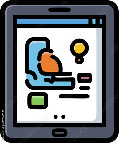 Tablet displaying a car seat icon with a person inside.