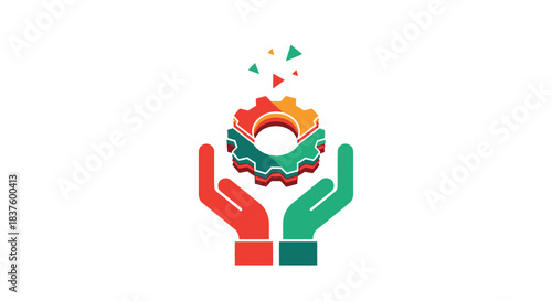 A colorful logo design featuring a gear held by two hands, symbolizing support, engineering, and technology isolated on