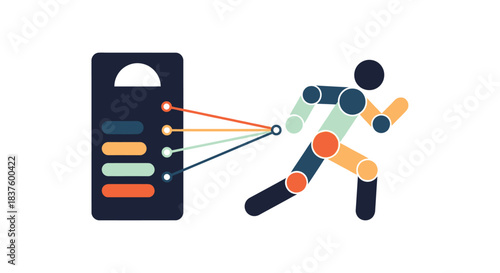 Illustration depicting a person running with connected data points, isolated on visual representation of data analysis