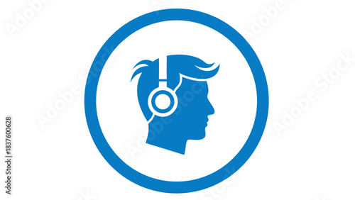 Blue Silhouette Icon of a Person Wearing Headphones Inside a Circle on a Black Background