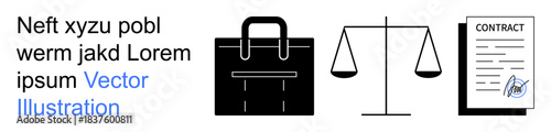 Business agreements, legal services, justice, decision-making, contract law, professional services. Black briefcase, scales and signed contract on white background. Legal services and business