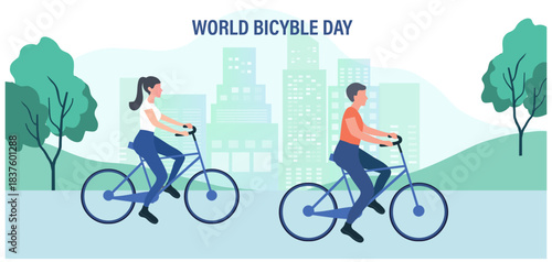 World bicycle day, couple riding bicycle in city vector illustration