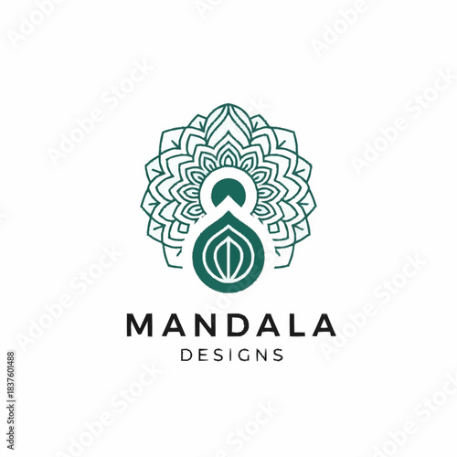 A teal green intricate mandala logo with a central stylized seed or teardrop shape and "MANDALA DESIGNS" text below on a white background.