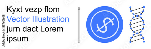 Science, finance, education, biotechnology, research, minimalism. Blue DNA helix, dollar symbol and pencil arranged against a white background. Science and finance conceptual design