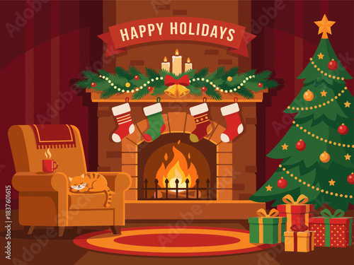 Warm Christmas Fireplace Indoor Vector Illustration for Holiday Season