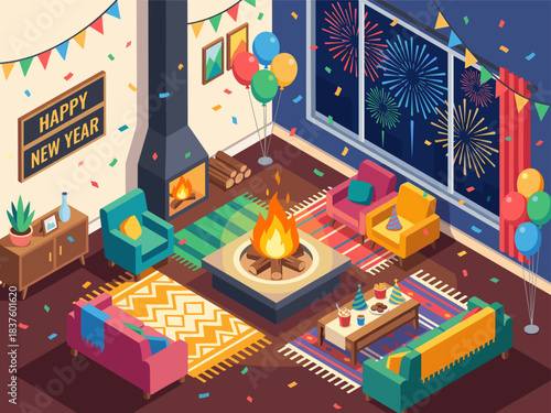 isometric vector illustration of an indoor campfire fireplace scene new year celebration theme