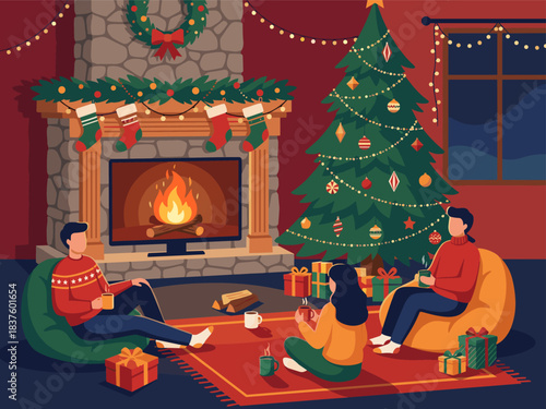 Holiday Indoor Campfire Fireplace with Christmas Tree Vector Illustration