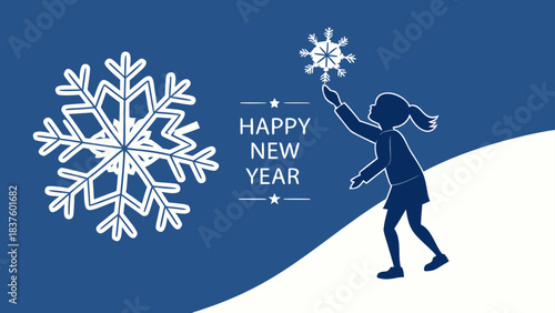Silhouette girl reaching for snowflake with happy new year text on a blue and white background design