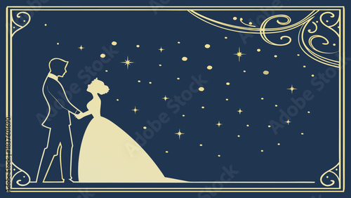 Silhouette of a couple holding hands under a starry sky with decorative frame design element art