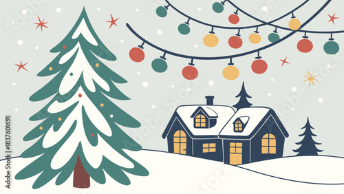 Illustration of a christmas tree and a house with christmas lights in a winter scene outdoors