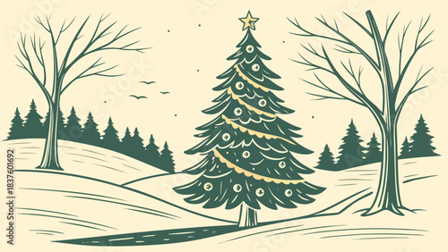 Christmas scene with decorated tree, bare trees, and evergreen forest on snowy hills landscape