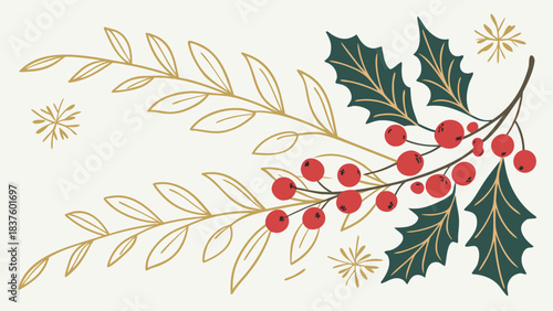 Illustration of holly berries and leaves with golden branches on a white background design