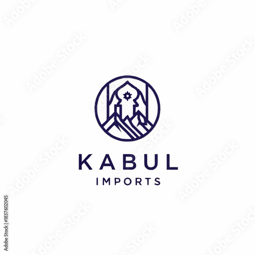 A minimalist line art logo for "KABUL IMPORTS" featuring a stylized architectural structure with a star and mountains within a circular emblem.