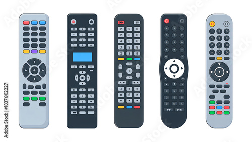 Collection of five distinct television and media streaming remote controls