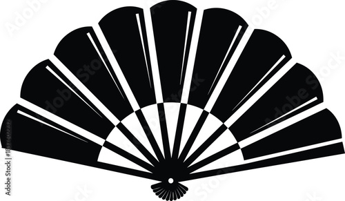 Traditional Japanese or Chinese Hand Fan Vector Illustration, Classic Black and White Folding Design, Asian Cultural Summer Element, Oriental Art Silhouette Template