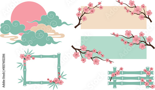 Traditional Asian Elements Set: Pink Sun, Mint Clouds, Decorative Cherry Blossom Frames, Bamboo Fence, and Oriental Art Borders Vector Illustration for Design Template
