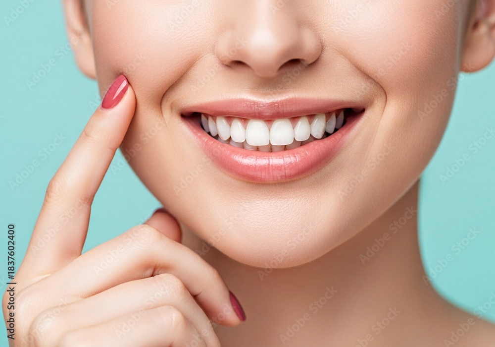 Obraz premium Close up of a smiling woman showing perfect white teeth and healthy skin touching her cheek