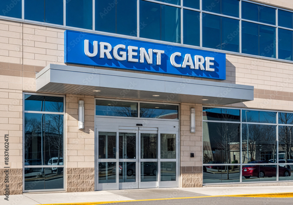 Naklejka premium Modern urgent care medical facility building exterior with prominent blue sign and entrance