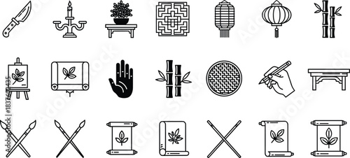 Chinese Tradition Culture Art Icon Set, Asian Black Line Art Symbols: Painting Scroll, Bamboo, Lantern, Knife, Hand, Table, Candle, and Calligraphy Brush Vector Illustration
