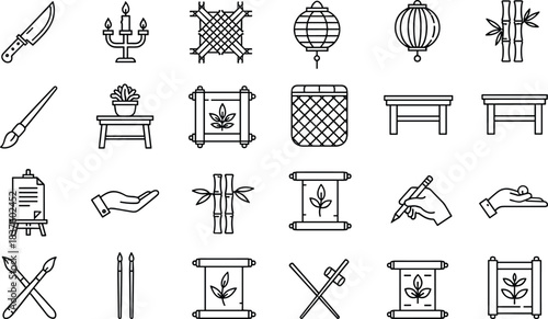 Traditional Chinese Culture Art Icon Collection, Asian Line Symbols: Knife, Bamboo, Lanterns, Painting, Scroll, Writing Hand, Bonsai, Easel, Brush, and Furniture Vector Illustration