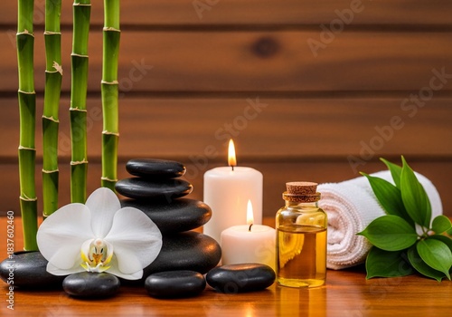 Spa arrangement with white orchid black basalt stones lit candles bamboo and essential oil