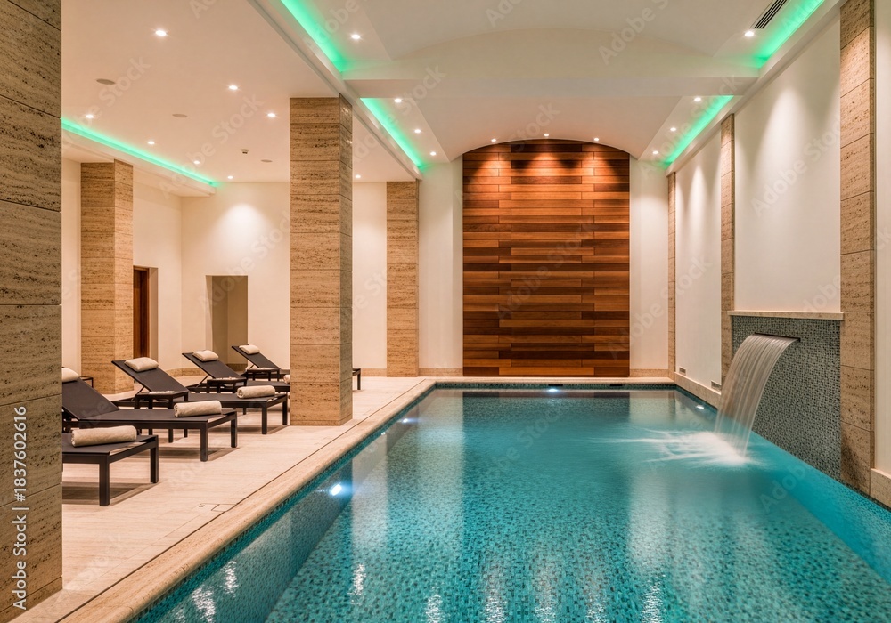 Naklejka premium Luxurious indoor swimming pool with waterfall feature and lounge chairs in modern spa