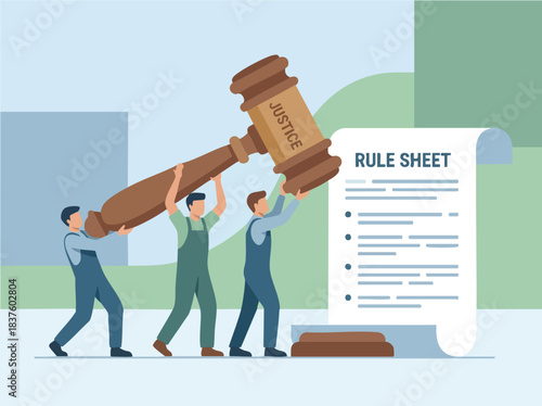Three men carrying a giant gavel next to a rule sheet.