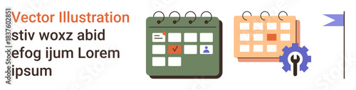 Time management, task planning, organization, scheduling tools, productivity, event coordination. Two calendars with marked dates, a gear icon and a flag. Time management and task planning