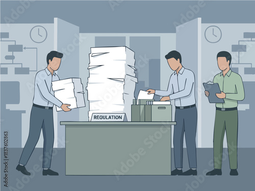 Three men handling a massive stack of documents labeled REGULATION.