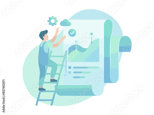 Man on ladder optimizing data and cloud services on a large document.