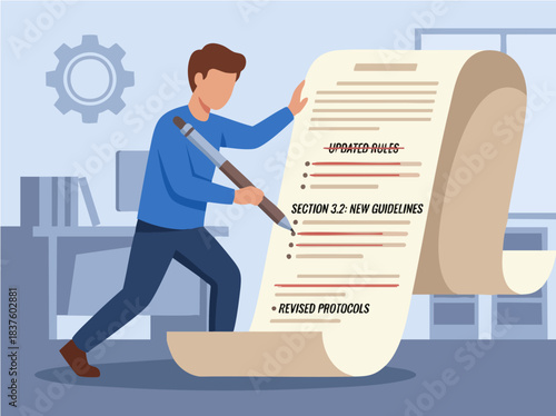 Man writing on a long scroll with updated rules and guidelines.