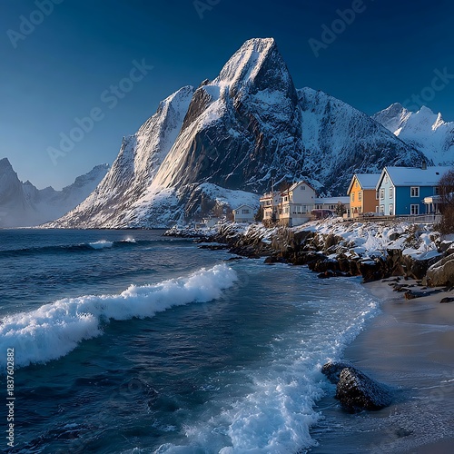 Snowy coastal village with colorful houses and ocean waves at sunset image photo