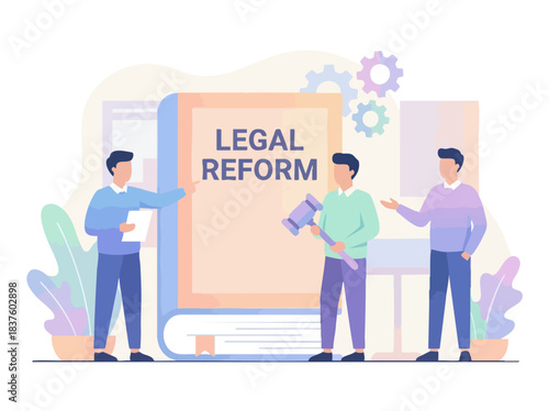 Men discussing legal reform in front of a large book.