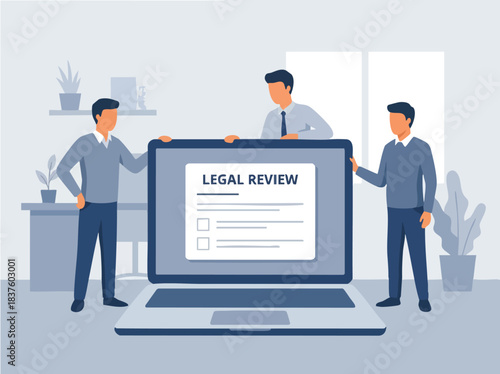 Three men conducting a legal review on a laptop.